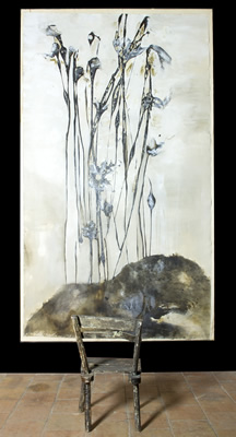 Fiori della bestia, Children's garden, acrilico su tela montata su legno con graffette, supporto in ferro e vecchia seggiolina in legno 236x146, 2011