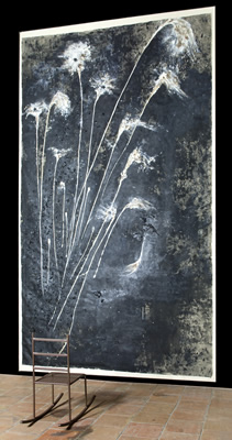 Fiori della coscienza, Children's garden, olio e acrilico su tela, montata su legno con graffette, supporto in ferro e dondolo in ferro 276 x 156, 2012