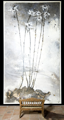 Fiori di Creta, Children's garden -  acrilico su tela montata su legno con graffette, supporto in ferro e vecchio divano in legno 276 X 156, 2013