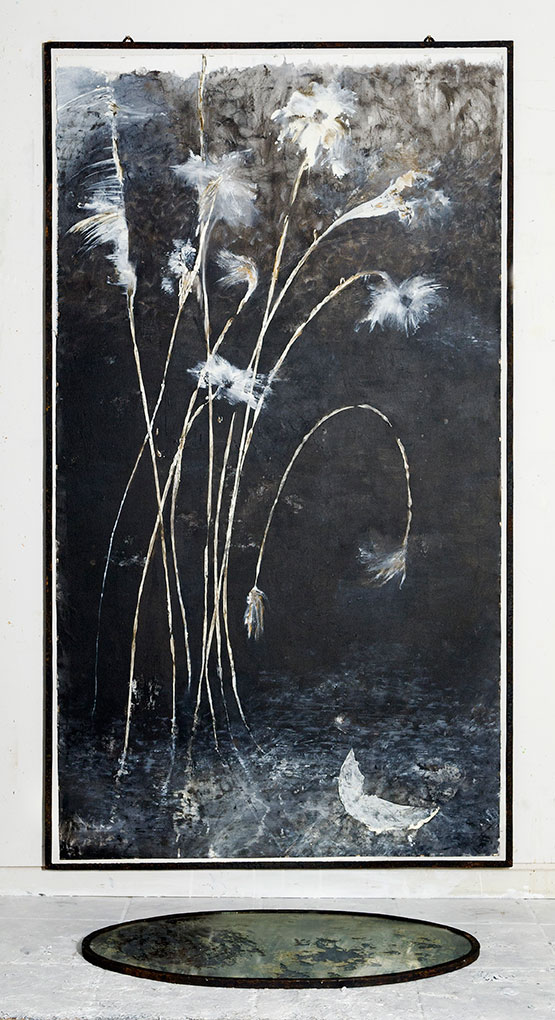 Reflection, Mincing knife, pictorial work and handmade oval mirror, 108x200, 2015