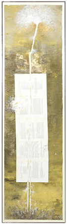 Fiore dell'amante gentile, pagine di vecchi  libri, acrilico su tela montata su legno con graffette e cornice in ferro, 50x170, 2013