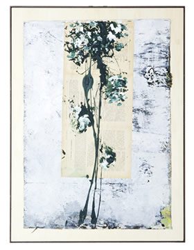 Herba Limpha, vecchie pagine di libri, acrilico su tela montata su legno con graffette e cornice in ferro, 53x70, 2013